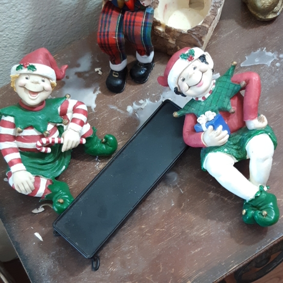 Elves Happy Christmas Santa Shelf sitters ceramic set Old w bench - Picture 5 of 6